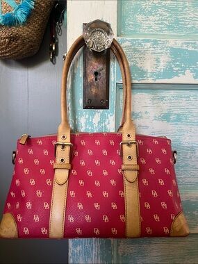 Vintage Dooney & Bourke Red Logo Tote with Tan Leather Trim